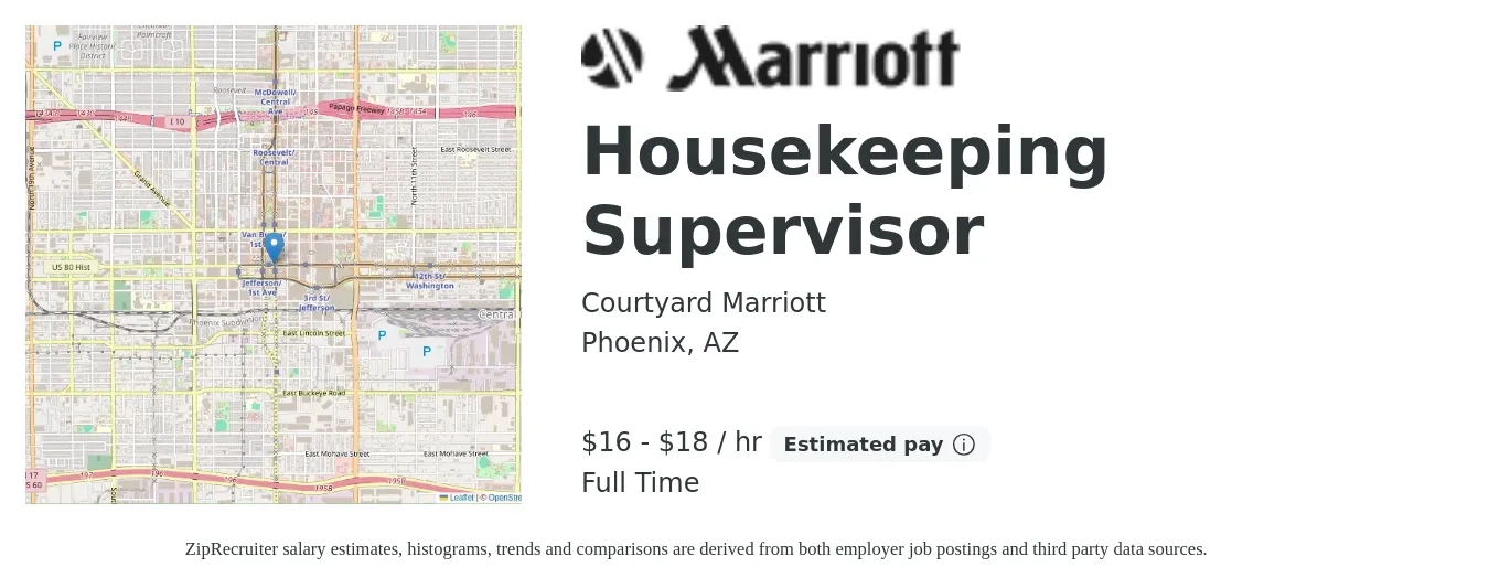 Courtyard Marriott job posting for a Housekeeping Supervisor in Phoenix, AZ with a salary of $17 to $19 Hourly with a map of Phoenix location.