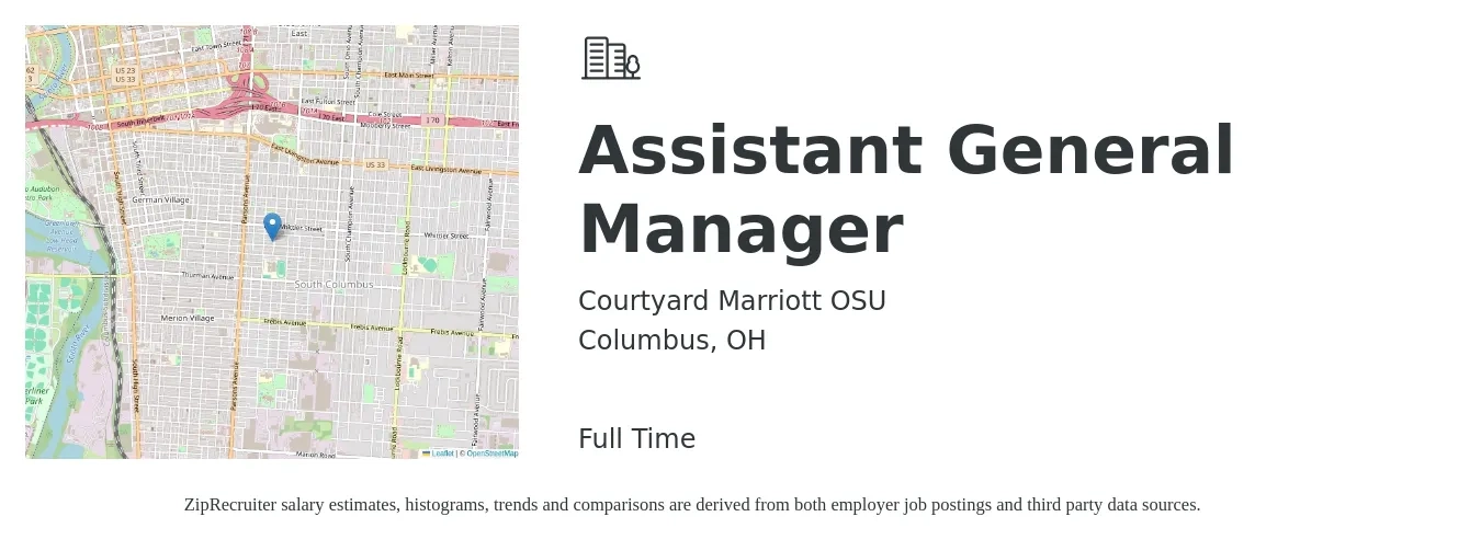 Courtyard Marriott OSU job posting for a Assistant General Manager in Columbus, OH with a salary of $16 to $24 Hourly with a map of Columbus location.