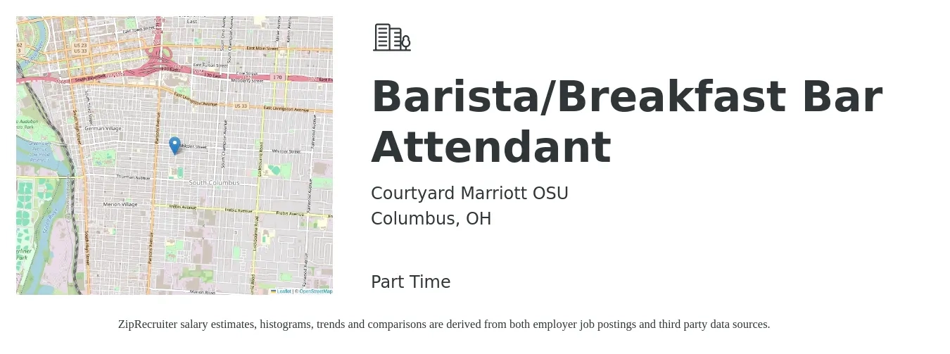 Courtyard Marriott OSU job posting for a Barista/Breakfast Bar Attendant in Columbus, OH with a salary of $15 Hourly with a map of Columbus location.