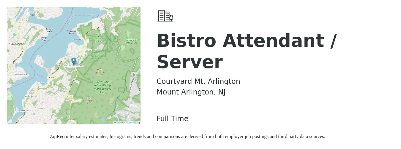 Courtyard Mt. Arlington job posting for a Bistro Attendant / Server in Mount Arlington, NJ with a salary of $13 to $16 Hourly with a map of Mount Arlington location.