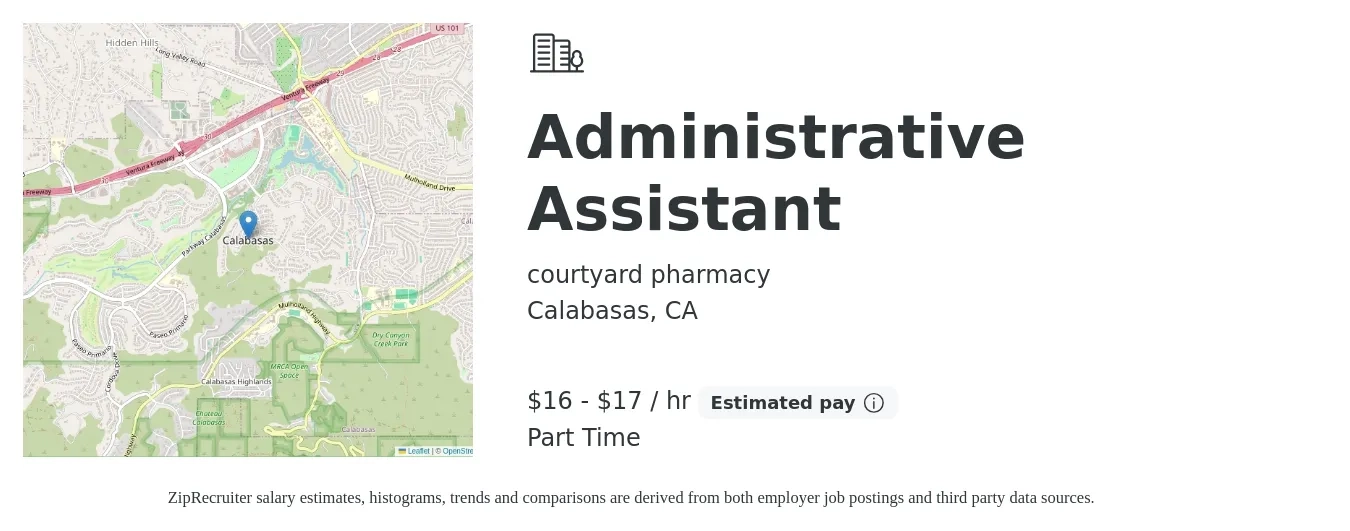 courtyard pharmacy job posting for a Administrative Assistant in Calabasas, CA with a salary of $17 to $18 Hourly with a map of Calabasas location.
