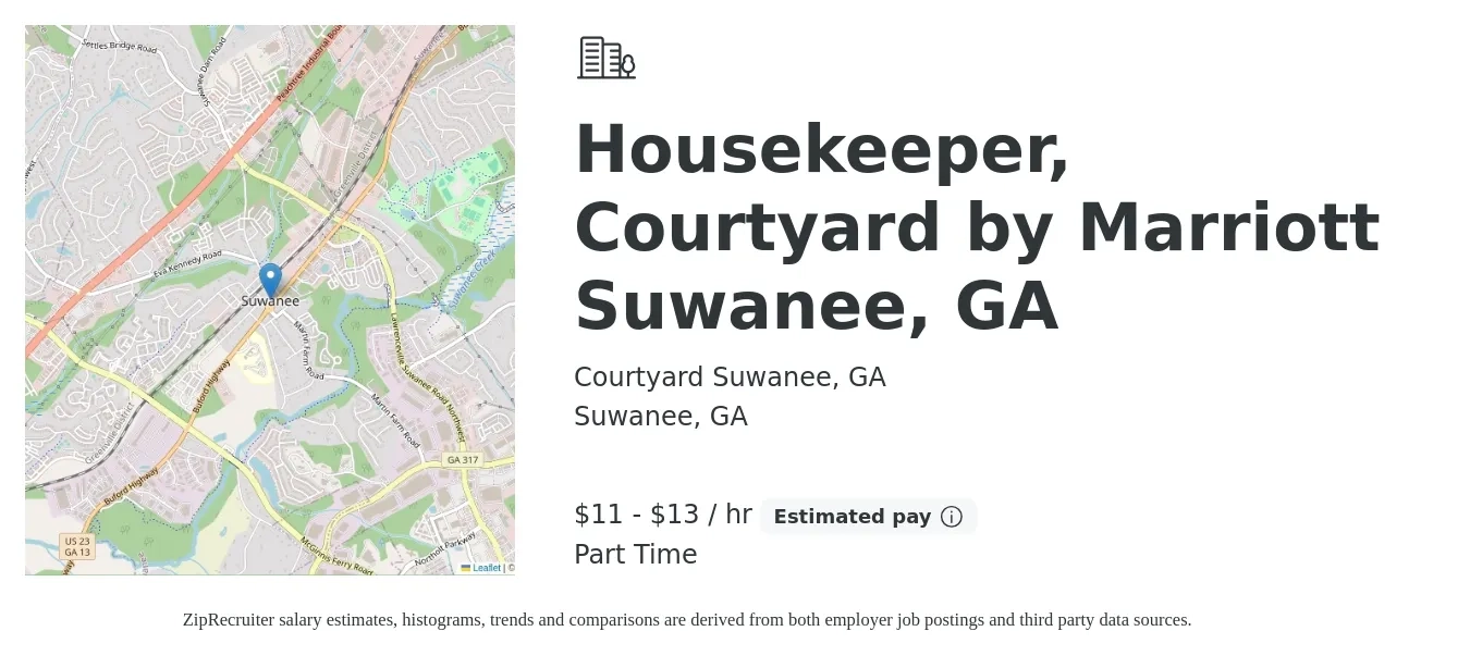 Courtyard Suwanee, GA job posting for a Housekeeper, Courtyard by Marriott Suwanee, GA in Suwanee, GA with a salary of $12 to $14 Hourly with a map of Suwanee location.