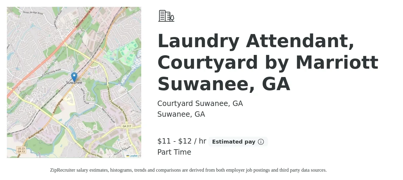 Courtyard Suwanee, GA job posting for a Laundry Attendant, Courtyard by Marriott Suwanee, GA in Suwanee, GA with a salary of $12 to $13 Hourly with a map of Suwanee location.