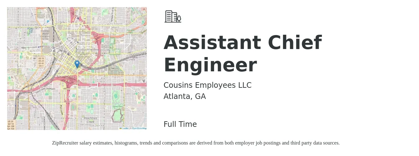Cousins Employees LLC job posting for a Assistant Chief Engineer in Atlanta, GA with a salary of $51,900 to $107,200 Yearly with a map of Atlanta location.