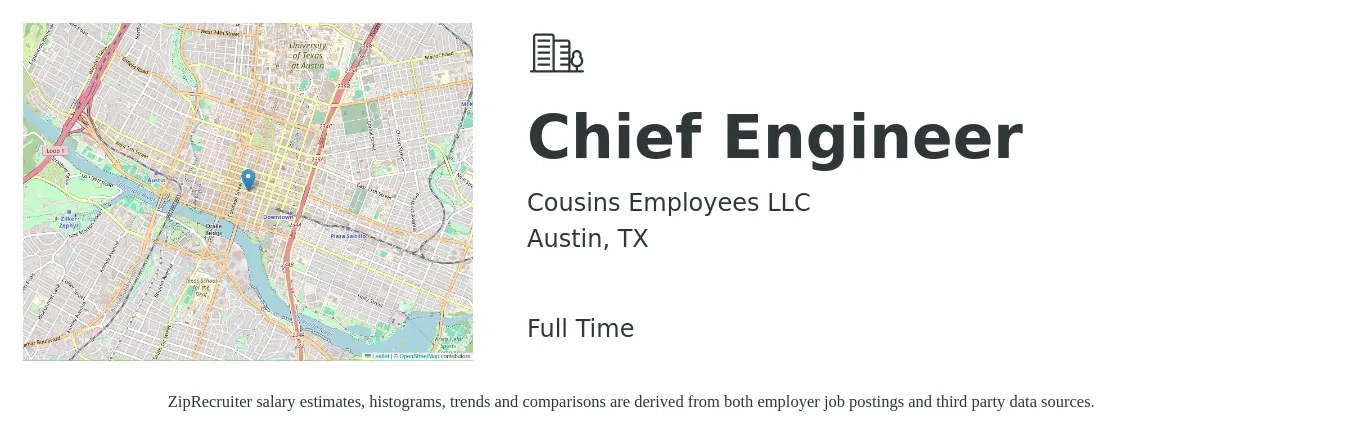 Cousins Employees LLC job posting for a Chief Engineer in Austin, TX with a salary of $57,500 to $116,900 Yearly with a map of Austin location.