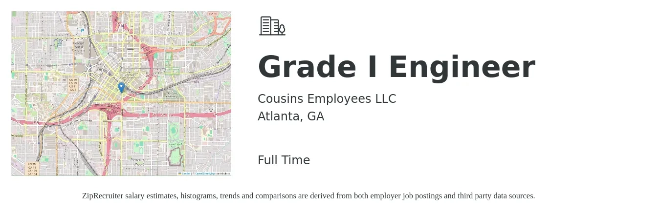 Cousins Employees LLC job posting for a Grade I Engineer in Atlanta, GA with a salary of $80,800 to $112,000 Yearly with a map of Atlanta location.