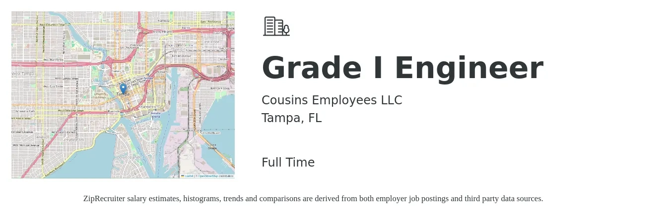 Cousins Employees LLC job posting for a Grade I Engineer in Tampa, FL with a salary of $79,400 to $110,100 Yearly with a map of Tampa location.