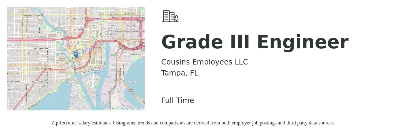 Cousins Employees LLC job posting for a Grade III Engineer in Tampa, FL with a salary of $72,300 to $92,100 Yearly with a map of Tampa location.