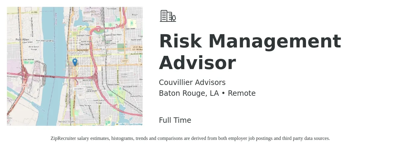 Couvillier Advisors job posting for a Risk Management Advisor in Baton Rouge, LA with a salary of $19 to $32 Hourly with a map of Baton Rouge location.