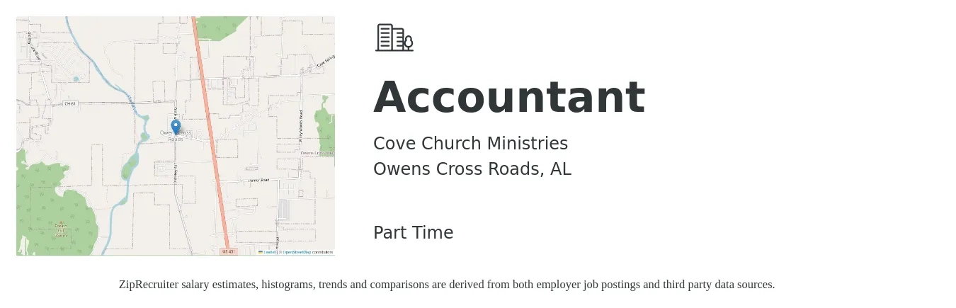 Cove Church Ministries job posting for a Accountant in Owens Cross Roads, AL with a salary of $47,700 to $70,000 Yearly with a map of Owens Cross Roads location.