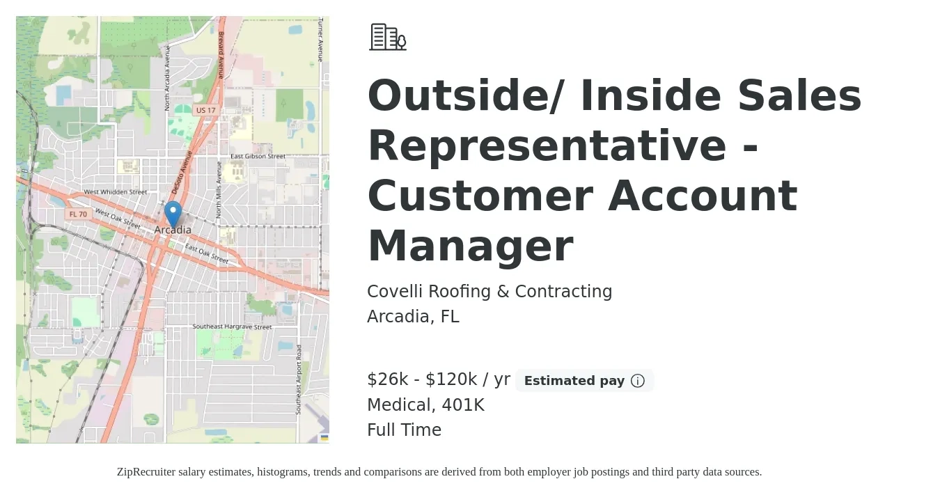 Covelli Roofing & Contracting job posting for a Outside/ Inside Sales Representative - Customer Account Manager in Arcadia, FL with a salary of $26,000 to $120,000 Yearly (plus commission) and benefits including 401k, and medical with a map of Arcadia location.
