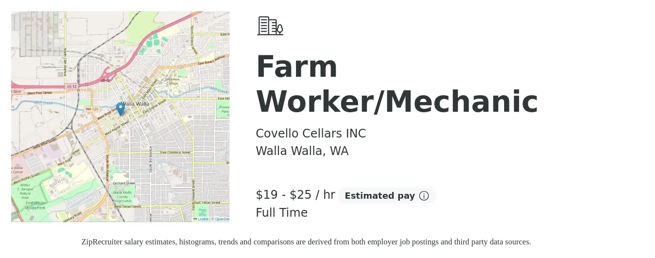 Covello Cellars INC job posting for a Farm Worker/Mechanic in Walla Walla, WA with a salary of $20 to $26 Hourly and benefits including pto with a map of Walla Walla location.