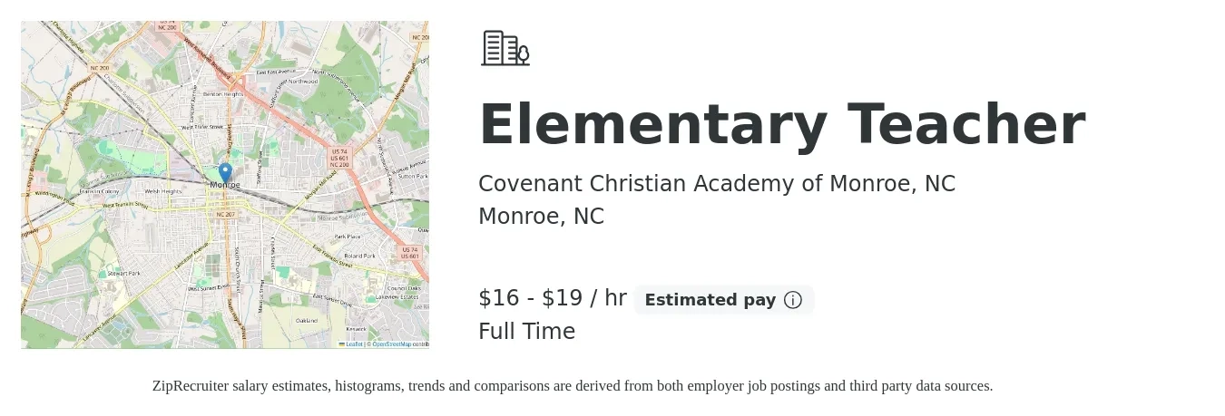 Covenant Christian Academy of Monroe, NC job posting for a Elementary Teacher in Monroe, NC with a salary of $17 to $20 Hourly with a map of Monroe location.