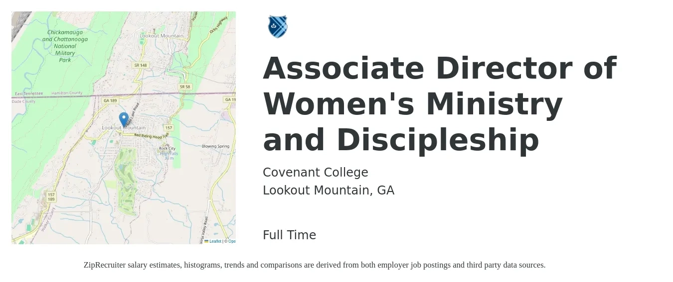 Covenant College job posting for a Associate Director of Women's Ministry and Discipleship in Lookout Mountain, GA with a salary of $37,500 to $55,500 Yearly with a map of Lookout Mountain location.