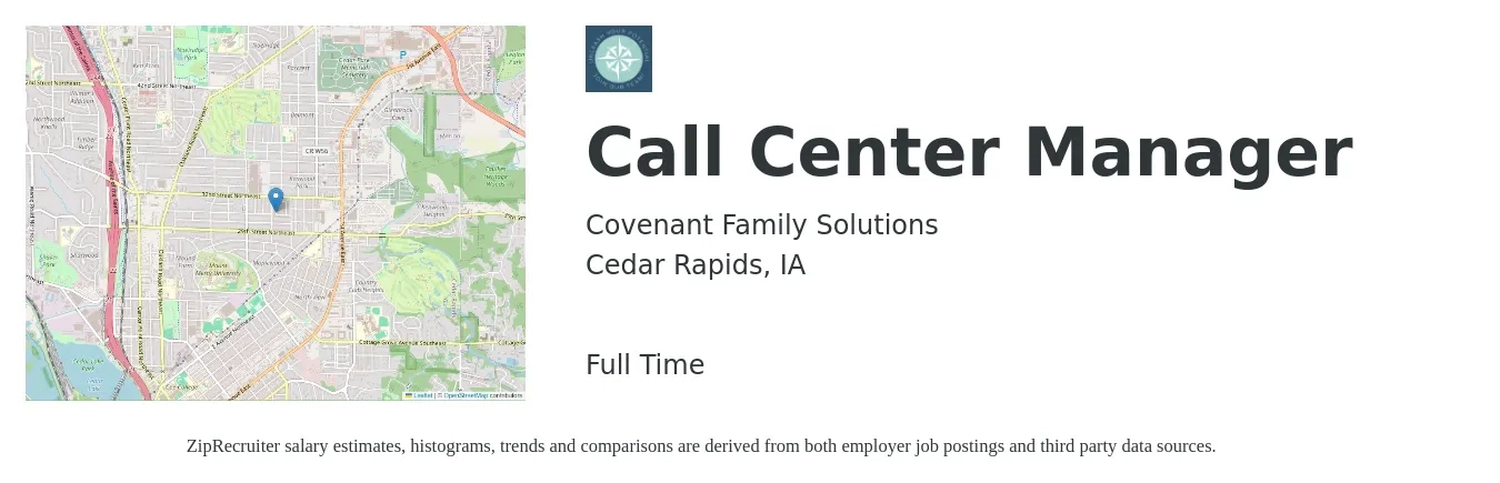 Covenant Family Solutions job posting for a Call Center Manager in Cedar Rapids, IA with a salary of $47,200 to $73,800 Yearly with a map of Cedar Rapids location.