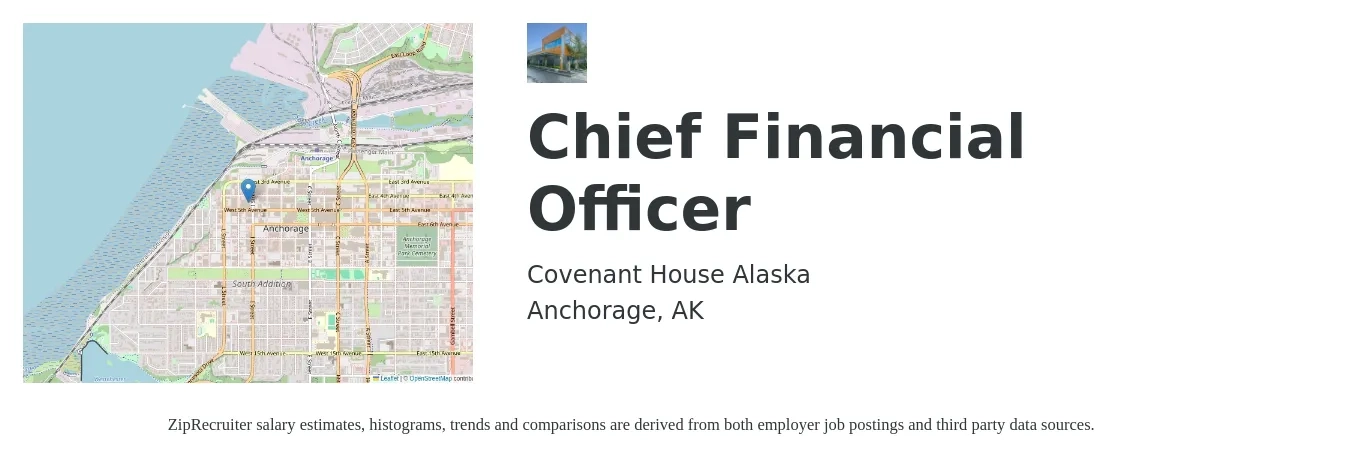 Covenant House Alaska job posting for a Chief Financial Officer in Anchorage, AK with a salary of $144,200 to $409,100 Yearly with a map of Anchorage location.