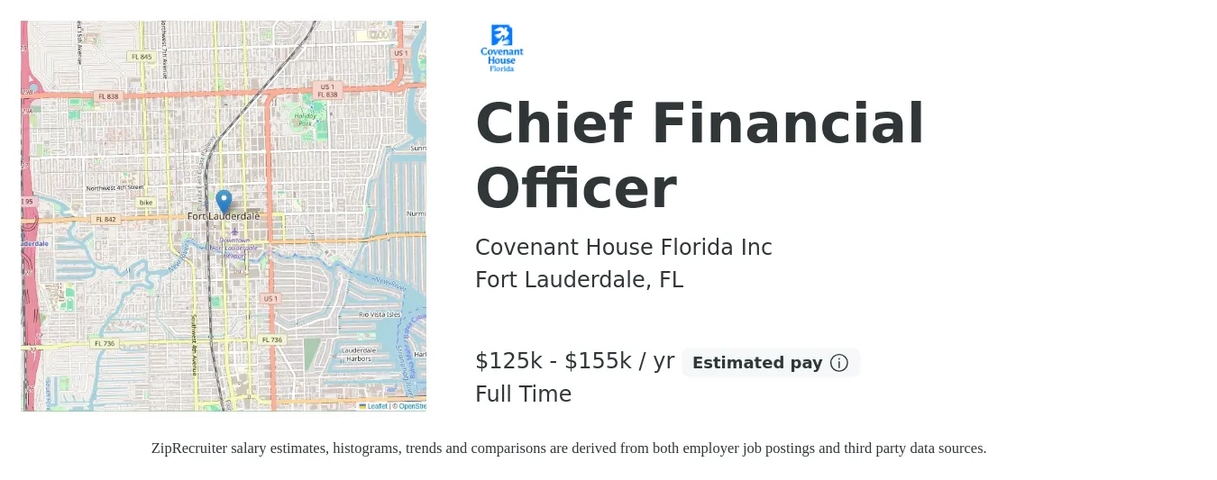 Covenant House Florida Inc job posting for a Chief Financial Officer in Fort Lauderdale, FL with a salary of $125,000 to $155,000 Yearly with a map of Fort Lauderdale location.