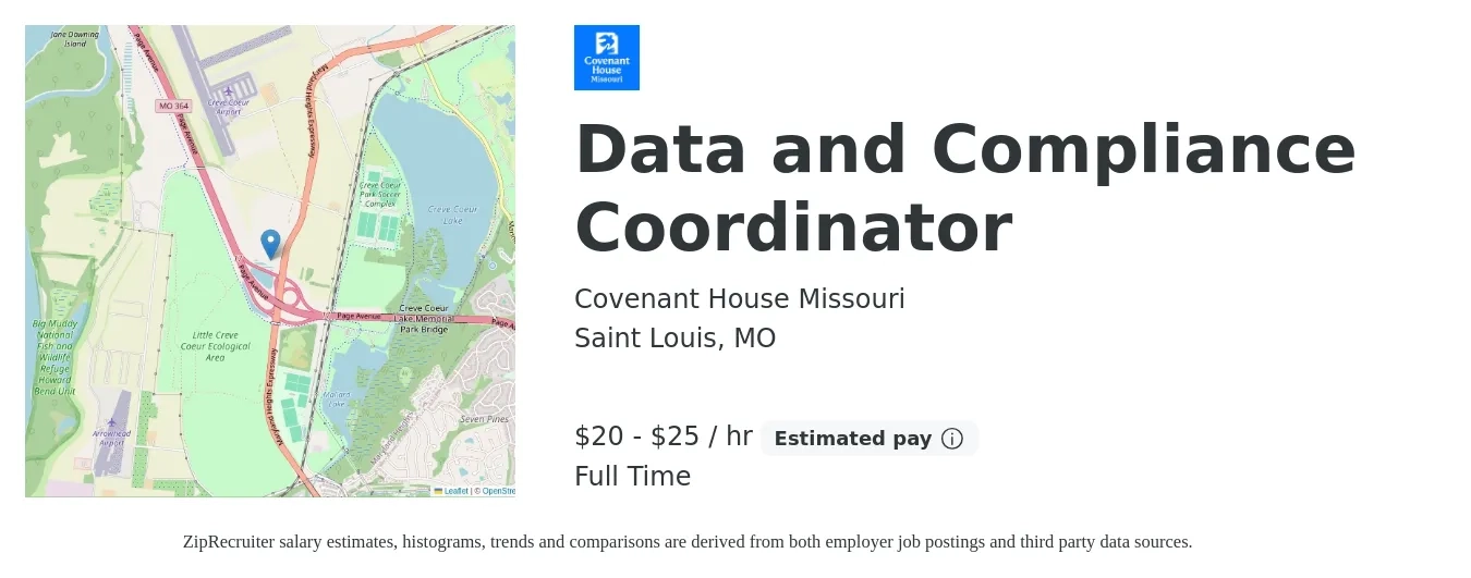 Covenant House Missouri job posting for a Data and Compliance Coordinator in Saint Louis, MO with a salary of $21 to $27 Hourly with a map of Saint Louis location.