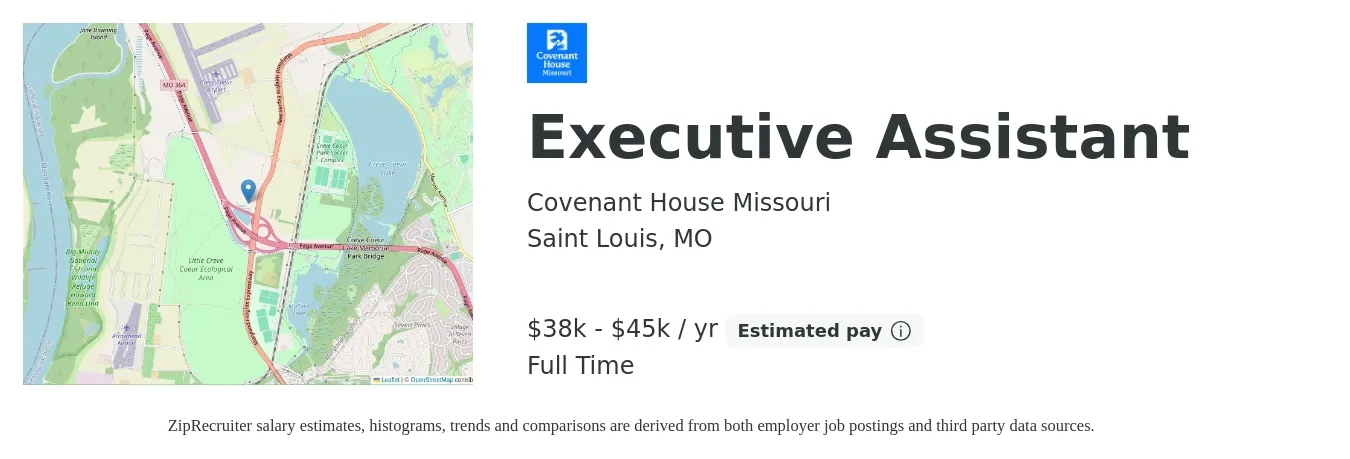 Covenant House Missouri job posting for a Executive Assistant in Saint Louis, MO with a salary of $38,937 to $45,427 Yearly with a map of Saint Louis location.