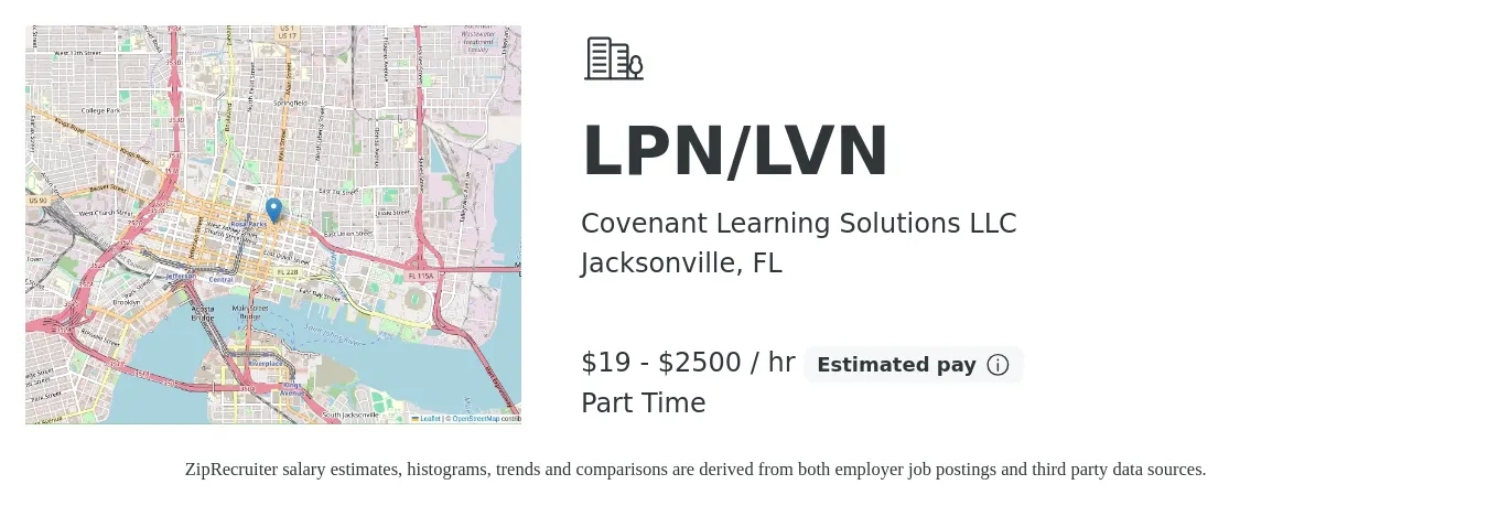 Covenant Learning Solutions LLC job posting for a LPN/LVN in Jacksonville, FL with a salary of $21 to $25 Hourly with a map of Jacksonville location.