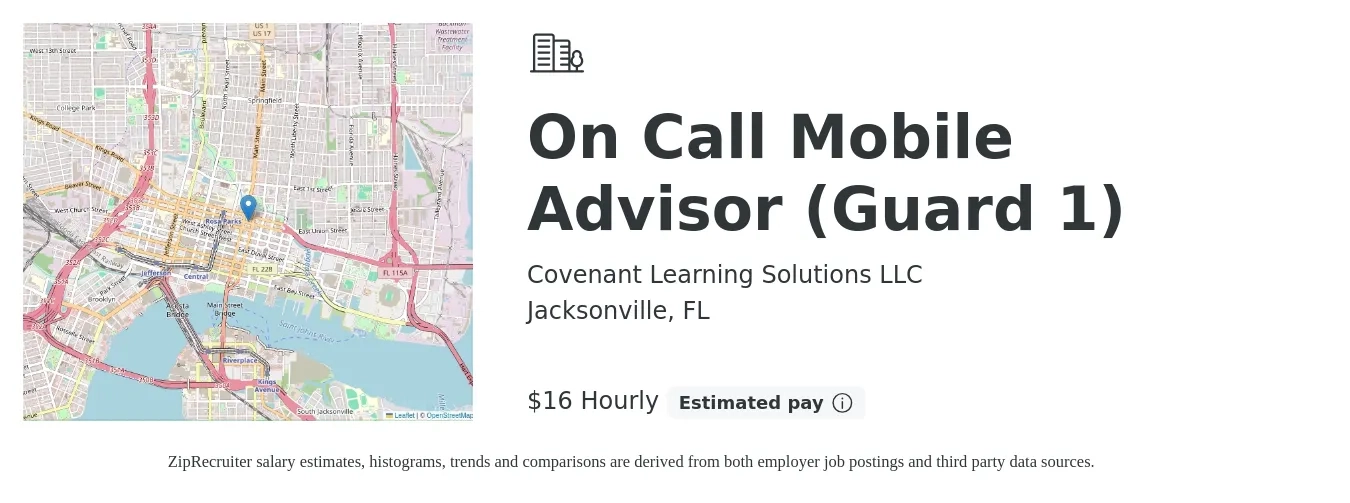 Covenant Learning Solutions LLC job posting for a On Call Mobile Advisor (Guard 1) in Jacksonville, FL with a salary of $17 Hourly with a map of Jacksonville location.