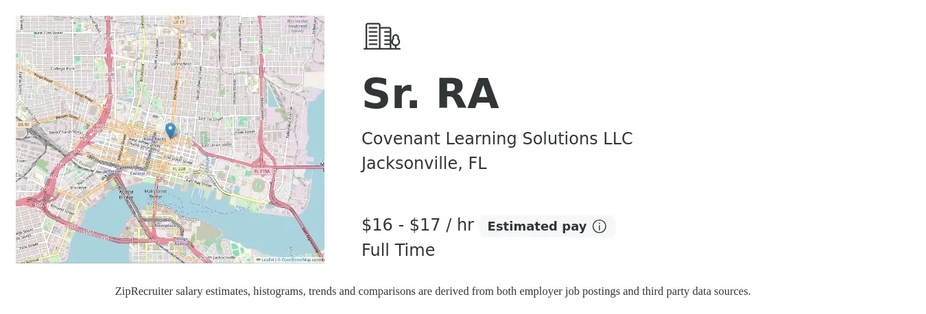 Covenant Learning Solutions LLC job posting for a Sr. RA in Jacksonville, FL with a salary of $18 to $18 Yearly with a map of Jacksonville location.