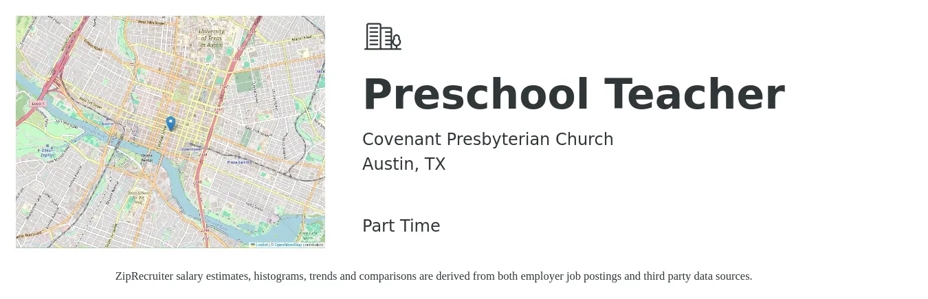 Covenant Presbyterian Church job posting for a Preschool Teacher in Austin, TX with a salary of $14 to $19 Hourly with a map of Austin location.