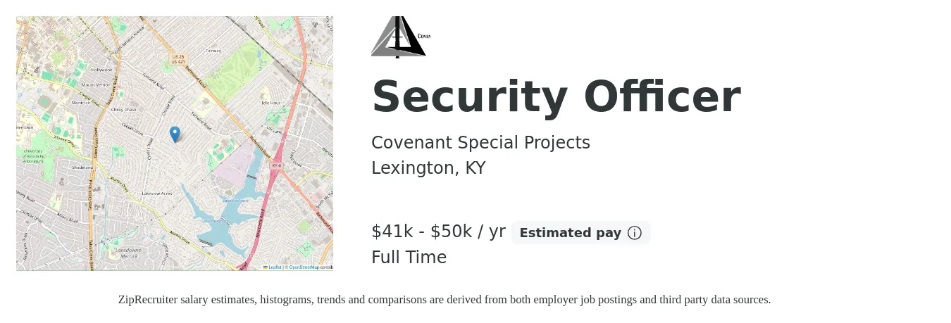 Covenant Special Projects job posting for a Security Officer in Lexington, KY with a salary of $41,000 to $50,100 Yearly with a map of Lexington location.