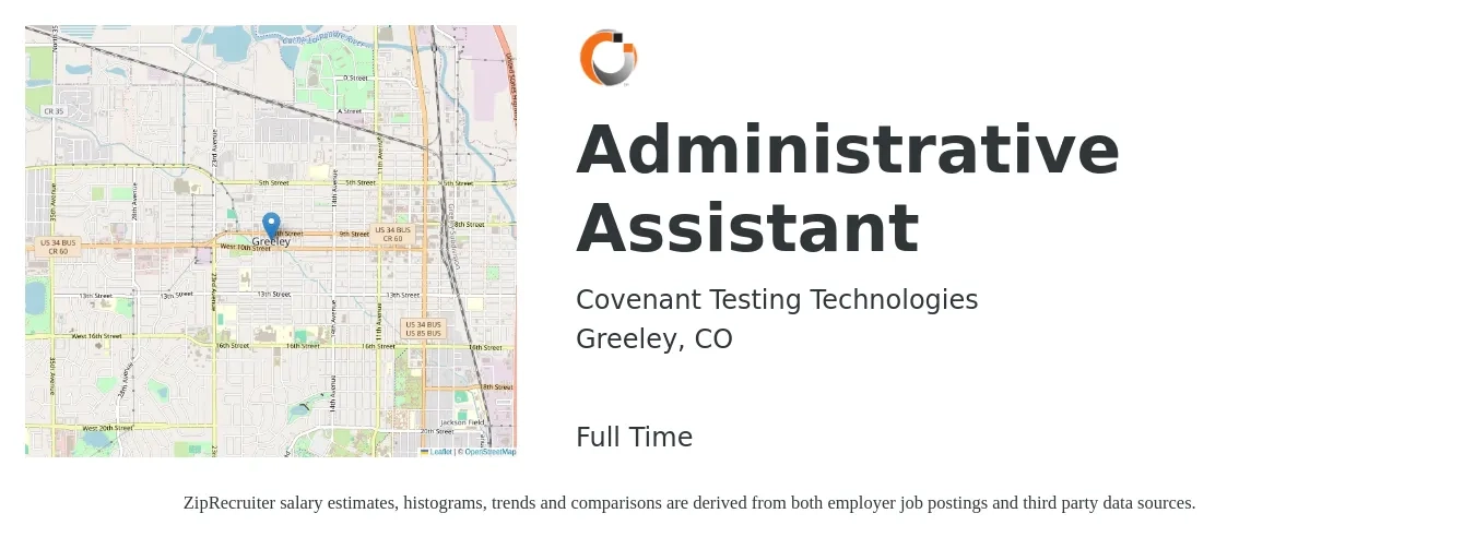 Covenant Testing Technologies job posting for a Administrative Assistant in Greeley, CO with a salary of $17 to $23 Hourly with a map of Greeley location.