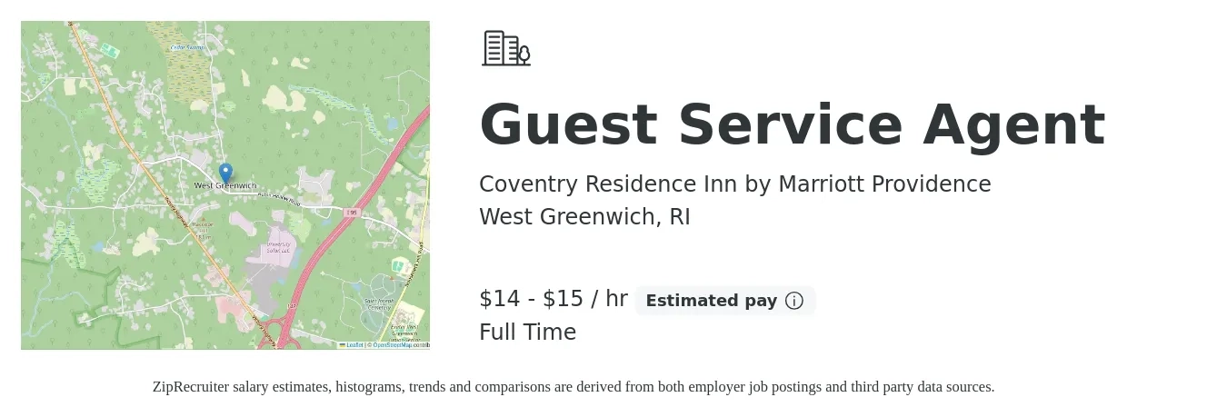 Coventry Residence Inn by Marriott Providence job posting for a Guest Service Agent in West Greenwich, RI with a salary of $15 to $16 Hourly with a map of West Greenwich location.