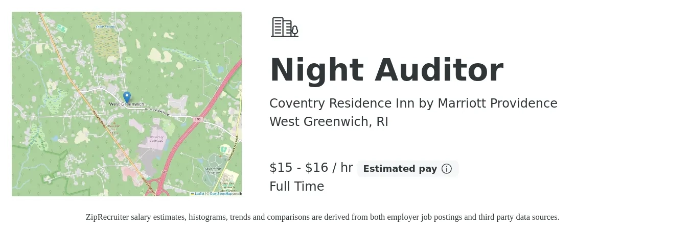 Coventry Residence Inn by Marriott Providence job posting for a Night Auditor in West Greenwich, RI with a salary of $16 to $17 Hourly with a map of West Greenwich location.