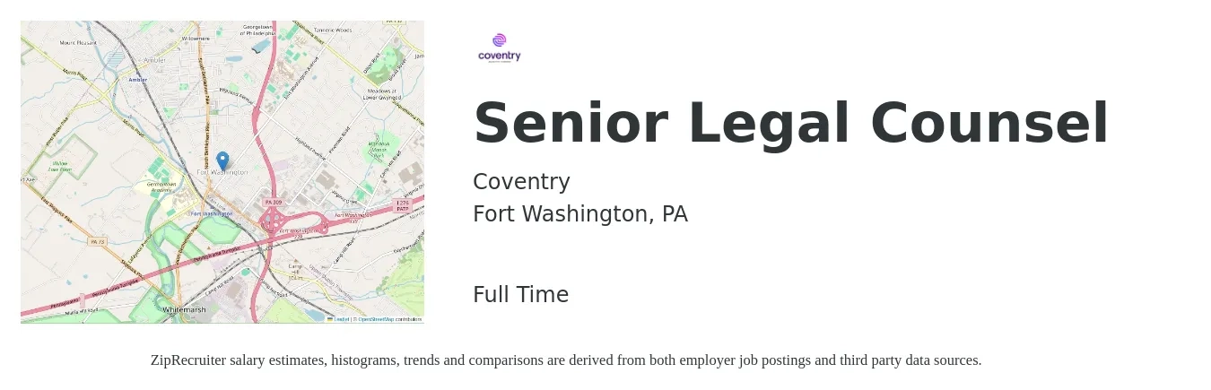 Coventry job posting for a Senior Legal Counsel in Fort Washington, PA with a salary of $134,700 to $183,000 Yearly with a map of Fort Washington location.