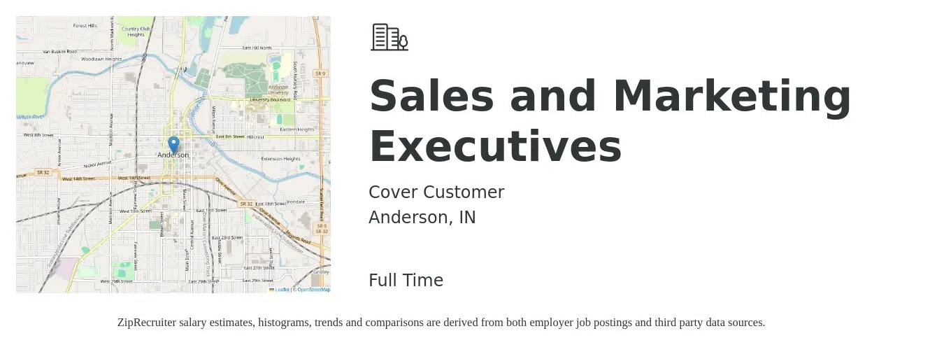 Cover Customer job posting for a Sales and Marketing Executives in Anderson, IN with a salary of $36,800 to $65,900 Yearly with a map of Anderson location.