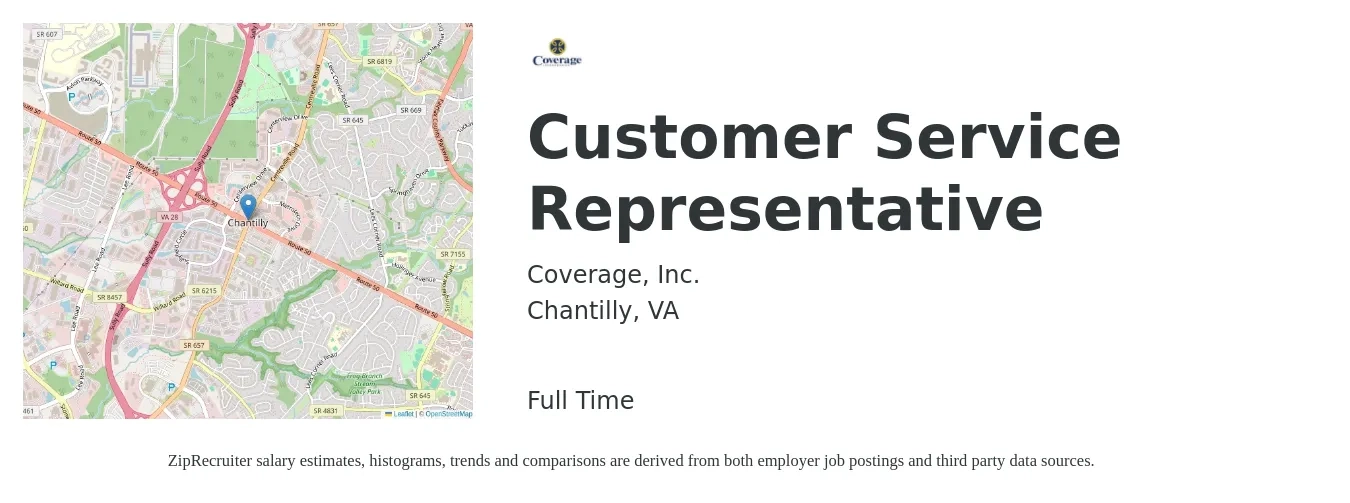 Coverage, Inc. job posting for a Customer Service Representative in Chantilly, VA with a salary of $16 to $22 Hourly with a map of Chantilly location.