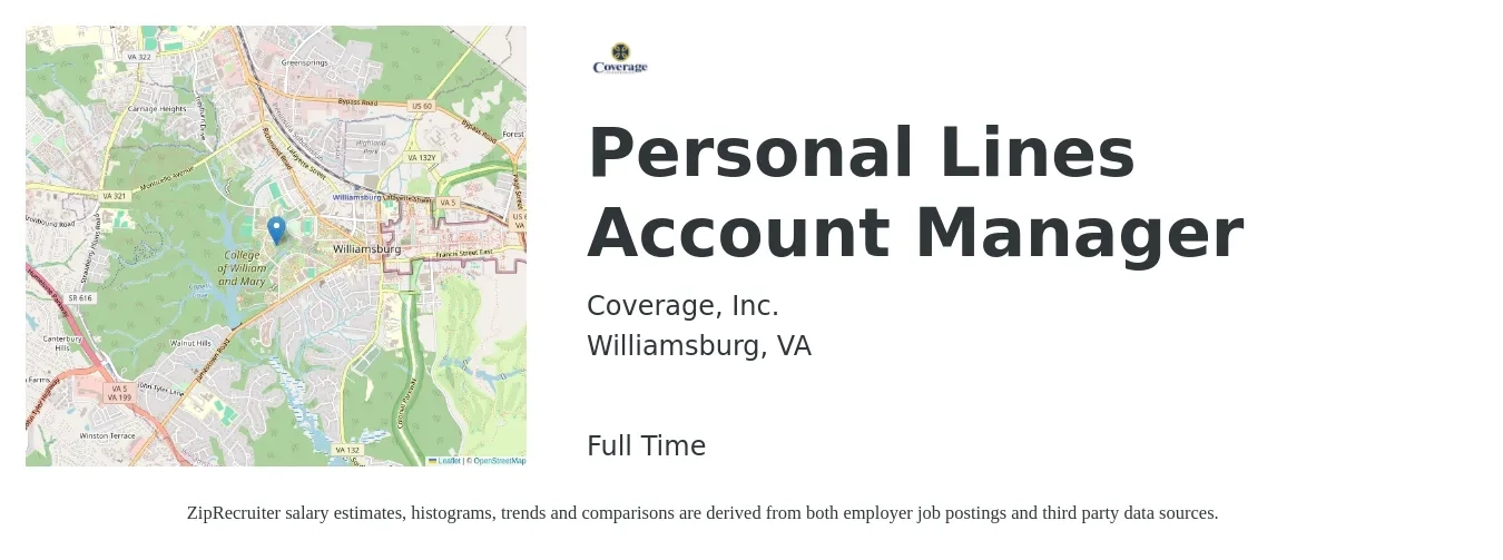 Coverage, Inc. job posting for a Personal Lines Account Manager in Williamsburg, VA with a salary of $43,100 to $58,500 Yearly with a map of Williamsburg location.
