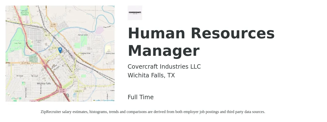 Covercraft Industries LLC job posting for a Human Resources Manager in Wichita Falls, TX with a salary of $66,900 to $97,000 Yearly with a map of Wichita Falls location.