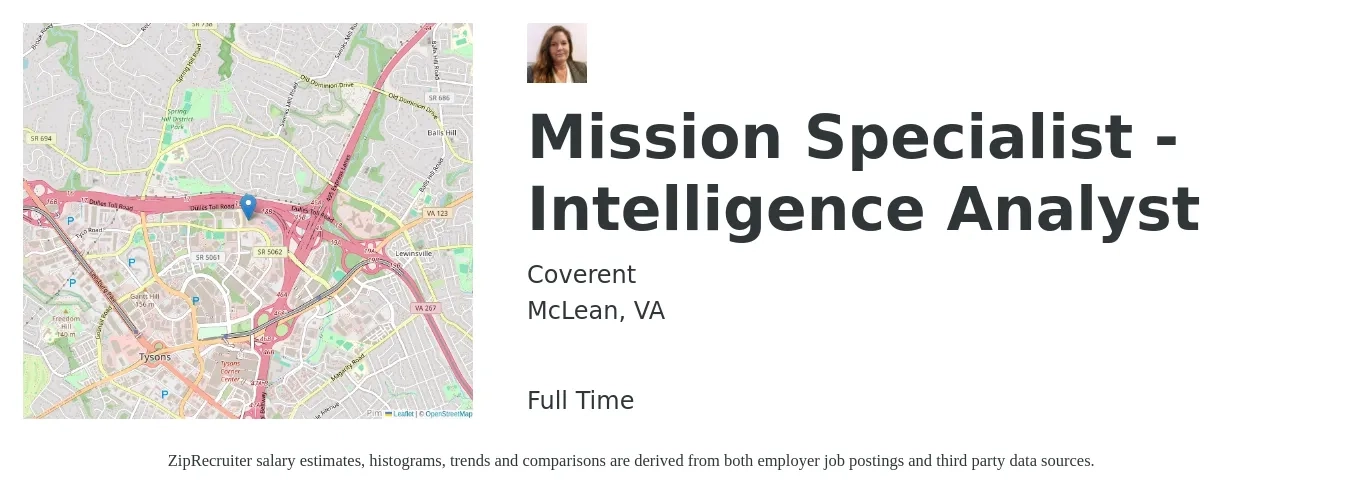 Coverent job posting for a Mission Specialist - Intelligence Analyst in McLean, VA with a salary of $95,000 to $119,800 Yearly with a map of McLean location.