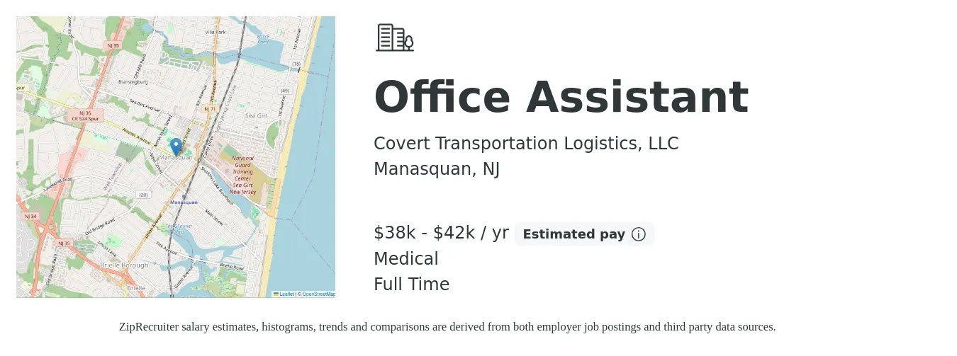 Covert Transportation Logistics, LLC job posting for a Office Assistant in Manasquan, NJ with a salary of $38,000 to $42,000 Yearly and benefits including medical with a map of Manasquan location.