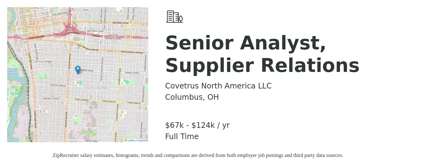 Covetrus North America LLC job posting for a Senior Analyst, Supplier Relations in Columbus, OH with a salary of $67,100 to $124,500 Yearly with a map of Columbus location.