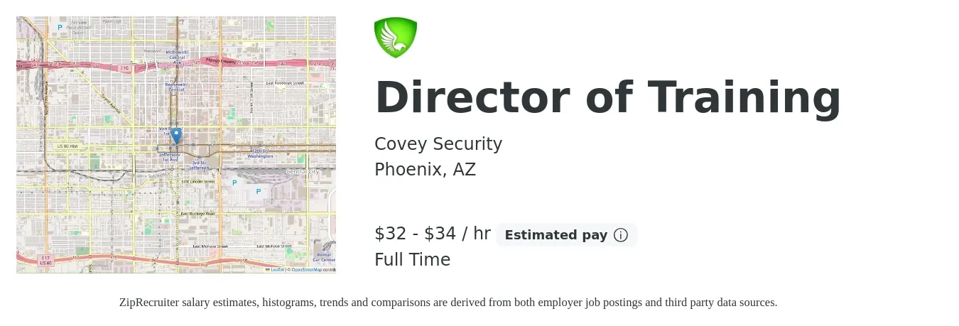 Covey Security job posting for a Director of Training in Phoenix, AZ with a salary of $34 to $36 Hourly with a map of Phoenix location.
