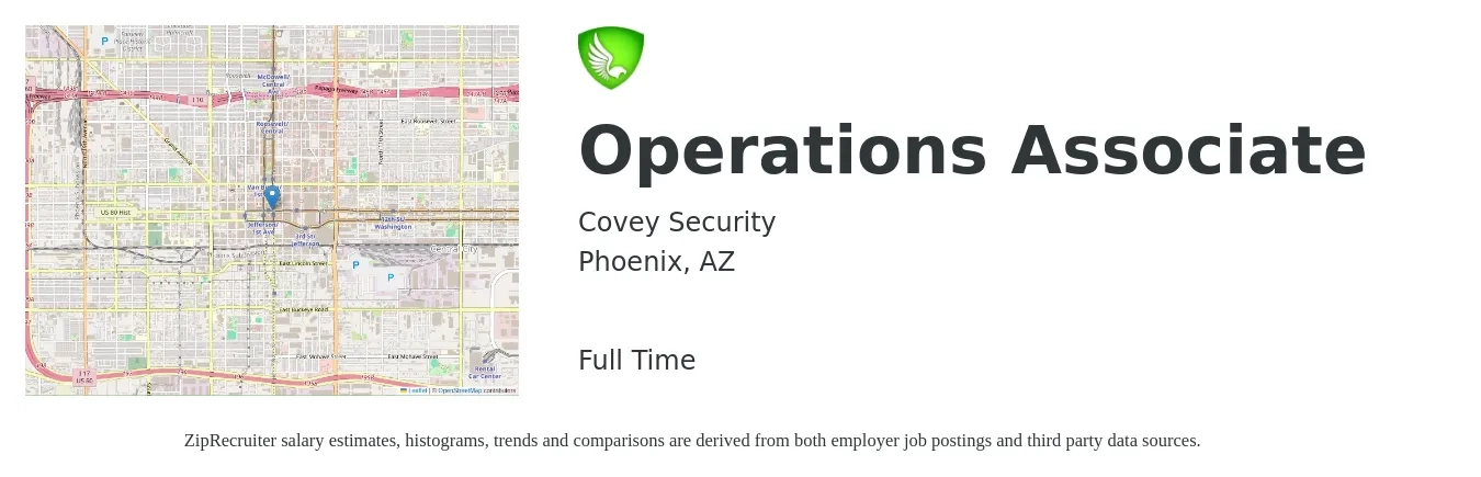 Covey Security job posting for a Operations Associate in Phoenix, AZ with a salary of $20 to $23 Hourly with a map of Phoenix location.