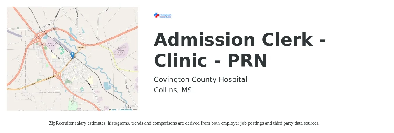 Covington County Hospital job posting for a Admission Clerk - Clinic - PRN in Collins, MS with a salary of $14 to $16 Hourly with a map of Collins location.