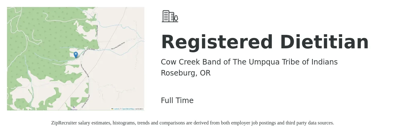 Cow Creek Band of The Umpqua Tribe of Indians job posting for a Registered Dietitian in Roseburg, OR with a salary of $30 to $40 Hourly with a map of Roseburg location.