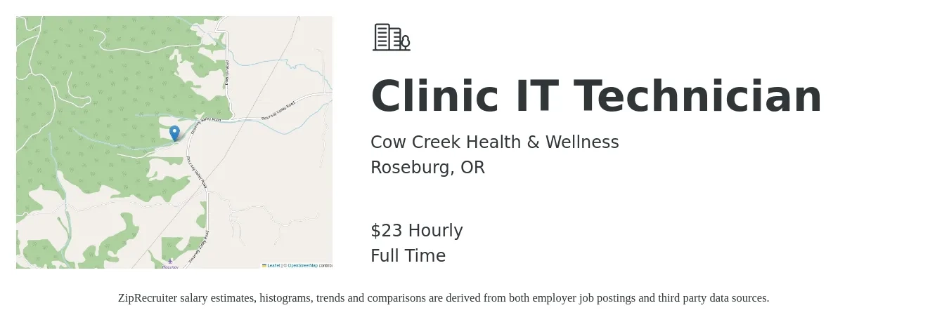 Cow Creek Health & Wellness job posting for a Clinic IT Technician in Roseburg, OR with a salary of $24 Hourly with a map of Roseburg location.