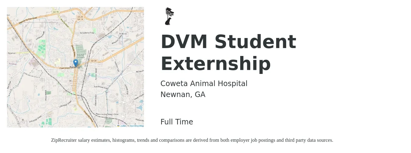 Coweta Animal Hospital job posting for a DVM Student Externship in Newnan, GA with a salary of $101,100 to $196,700 Yearly with a map of Newnan location.