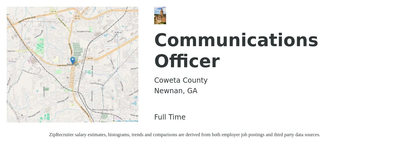 Coweta County job posting for a Communications Officer in Newnan, GA with a salary of $39,700 to $68,600 Yearly with a map of Newnan location.