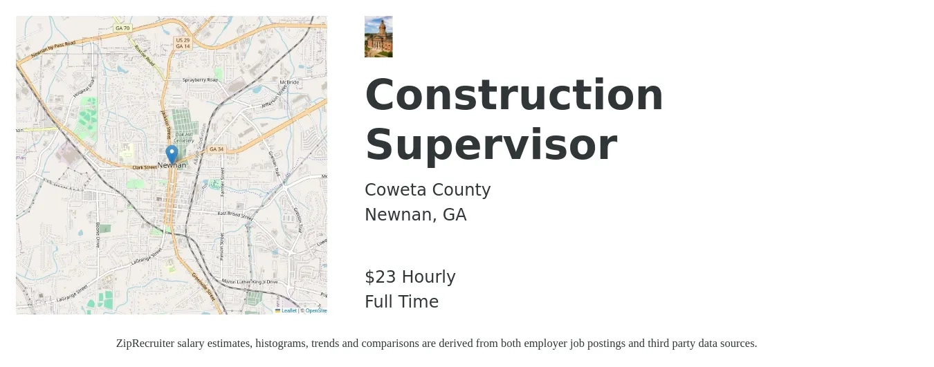 Coweta County job posting for a Construction Supervisor in Newnan, GA with a salary of $24 Hourly with a map of Newnan location.