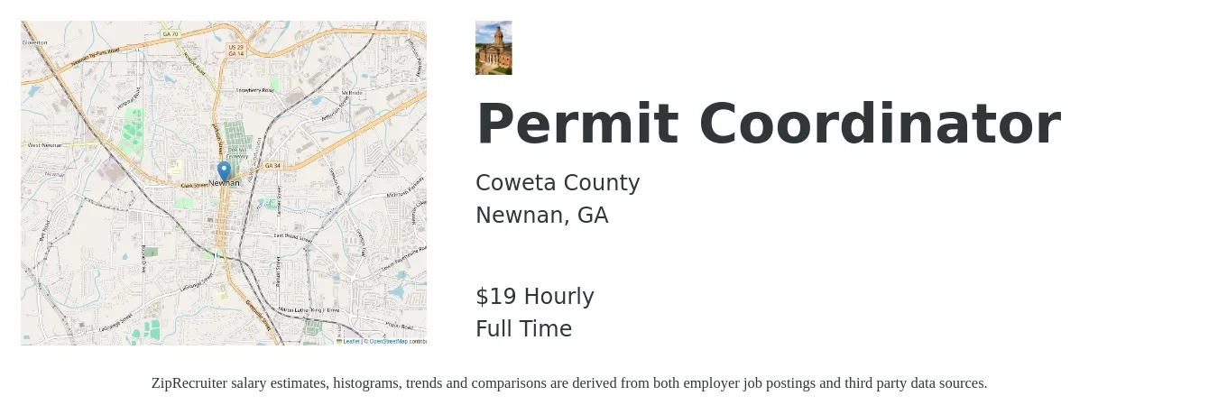 Coweta County job posting for a Permit Coordinator in Newnan, GA with a salary of $20 Hourly with a map of Newnan location.