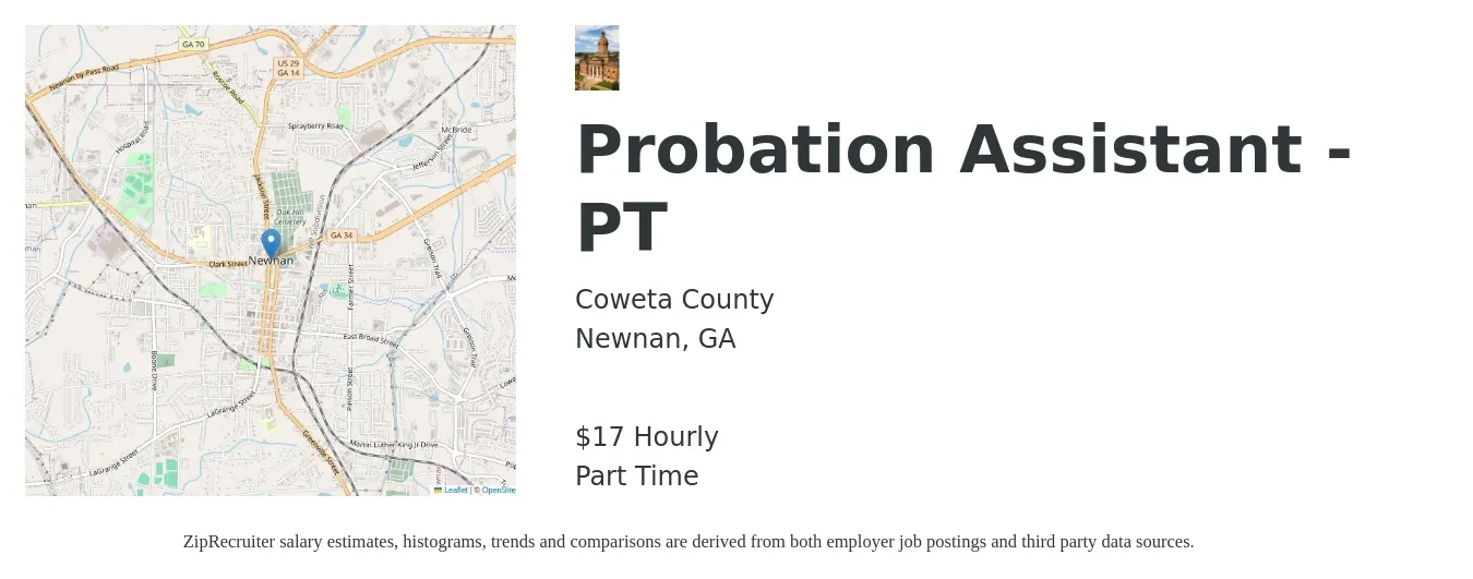 Coweta County job posting for a Probation Assistant - PT in Newnan, GA with a salary of $18 Hourly with a map of Newnan location.