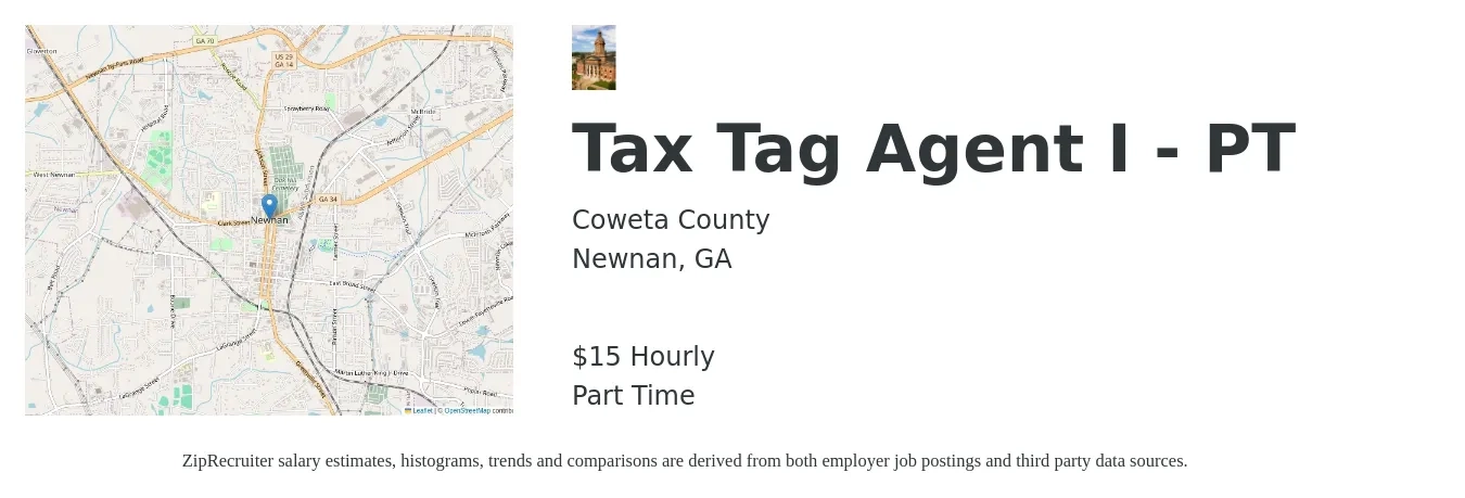 Coweta County job posting for a Tax Tag Agent I - PT in Newnan, GA with a salary of $16 Hourly with a map of Newnan location.
